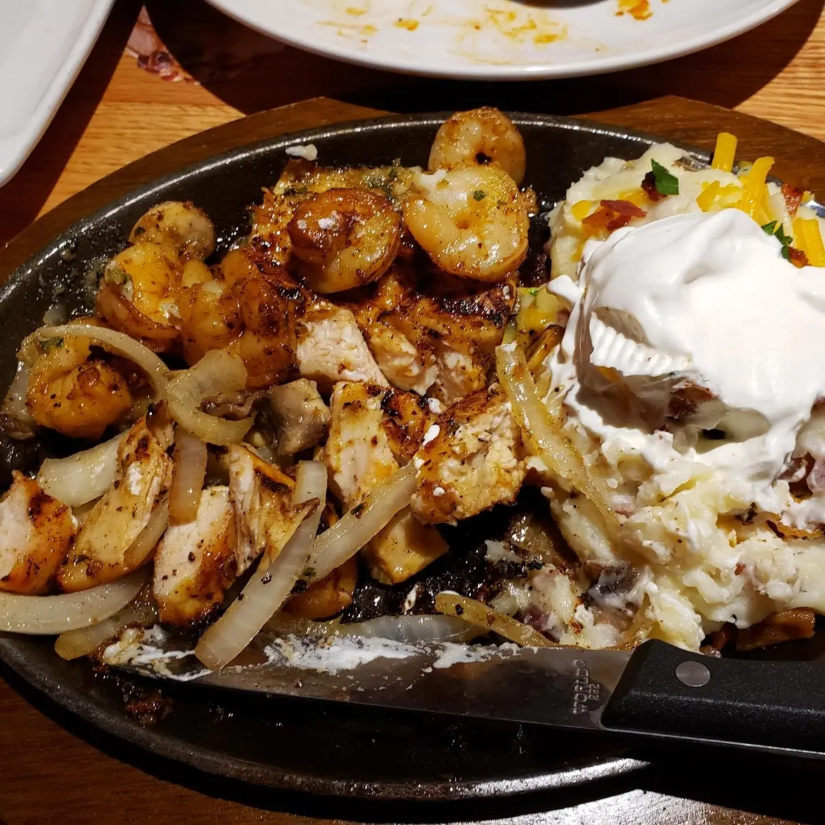 Bourbon Chicken and Shrimp with Loaded Mashed Potatoes