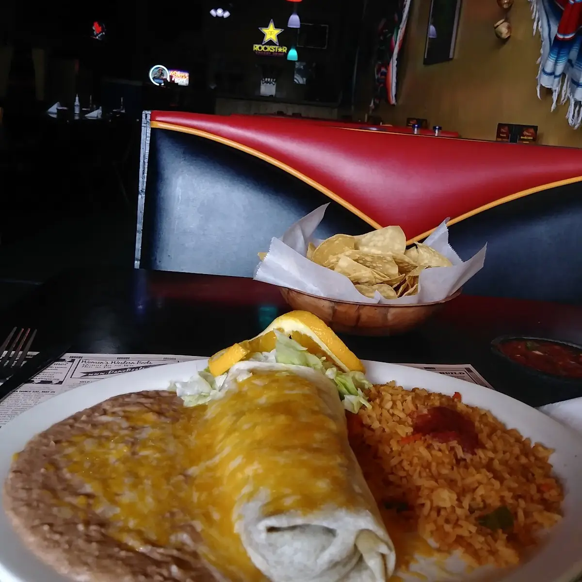 Shredded Beef Burrito Spanish Rice Refried Beans
