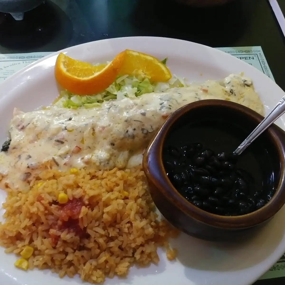 Spinach Enchilada Black Beans and Spanish Rice