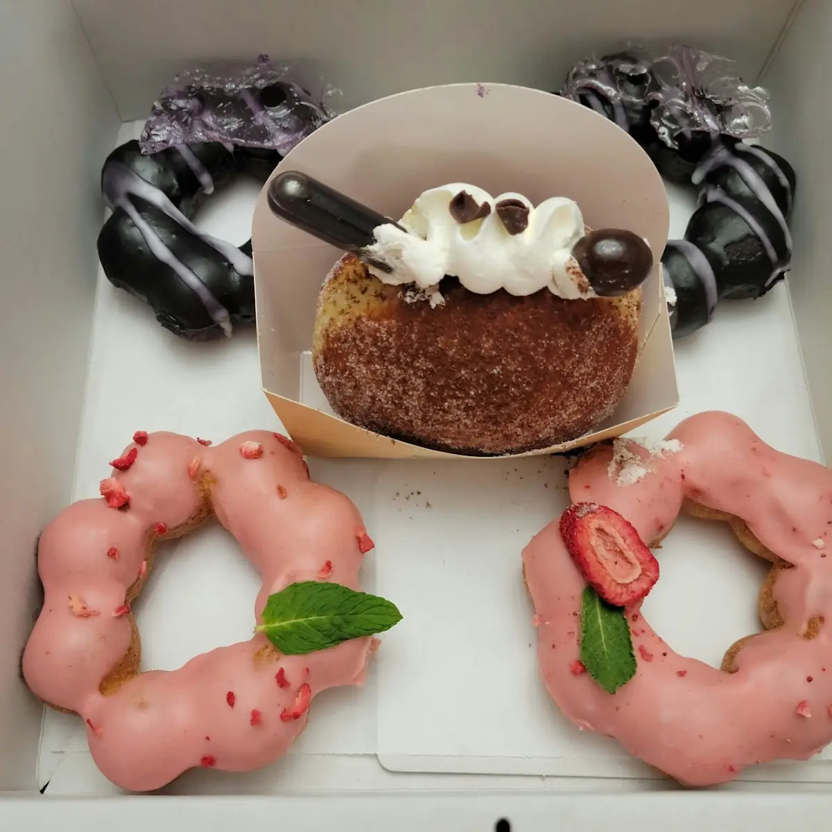 Ube Strawberry Mochi Donuts and a Tiramiso Cup Donut