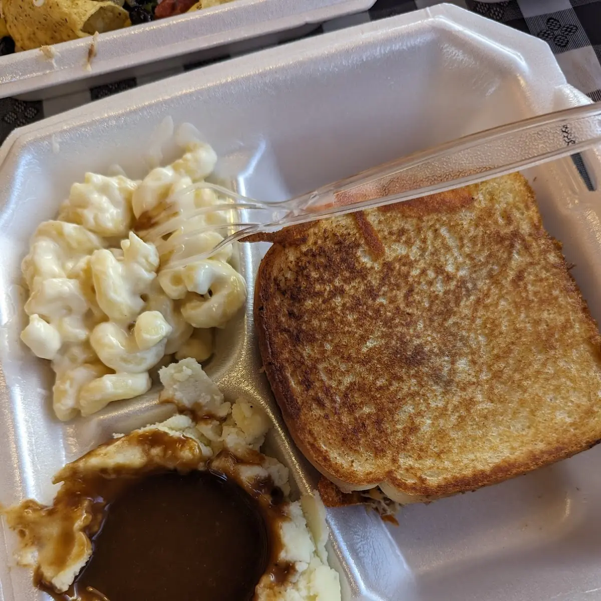 BBQ Grilled Cheese Sandwich w Mac N Cheese and Mashed Potatoes and Gravy