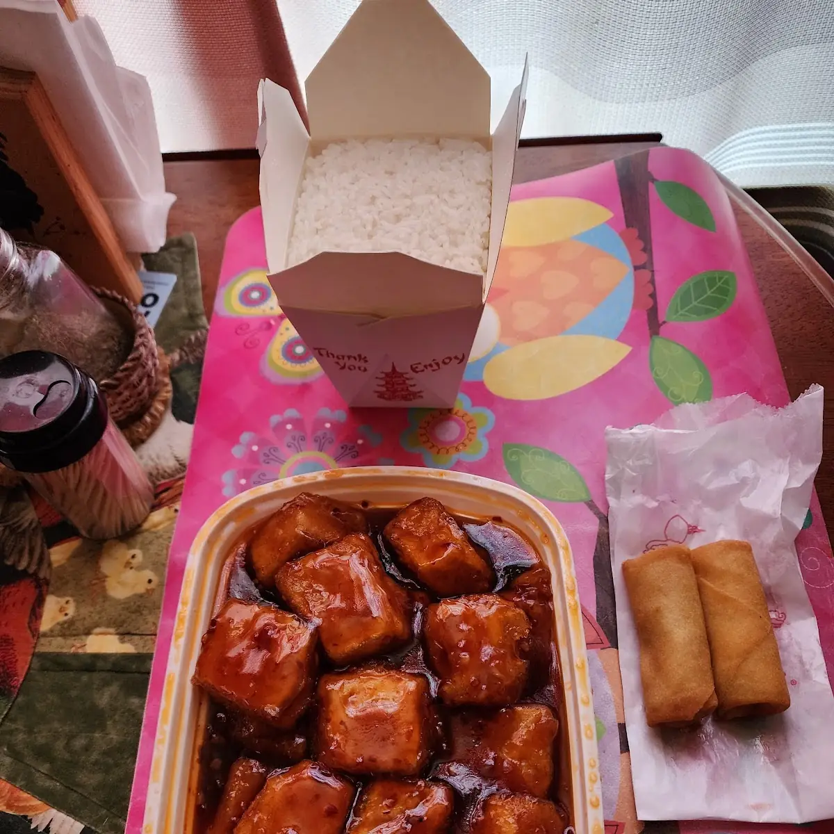 General TSO's Tofu White Rice and Spring Rolls