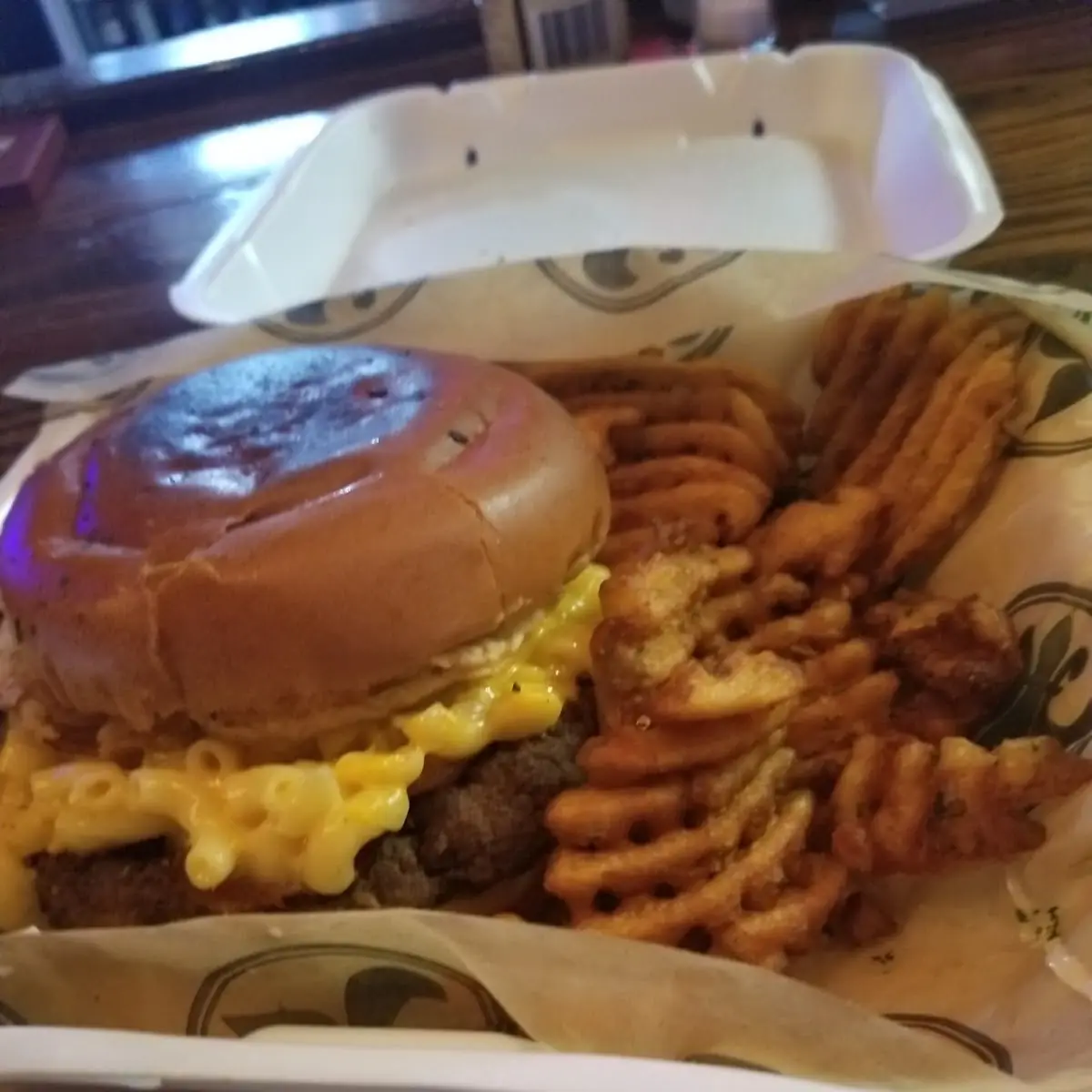 Macaroni and Onion Ring Burger