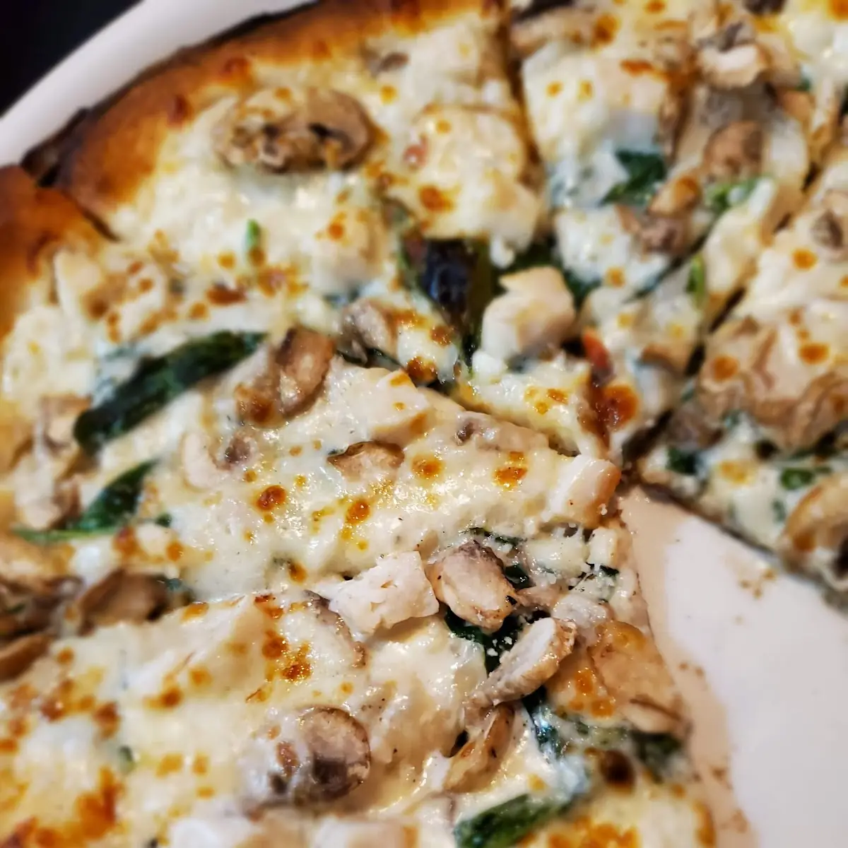 Alfredo Chicken Spinach Mushroom Pizza