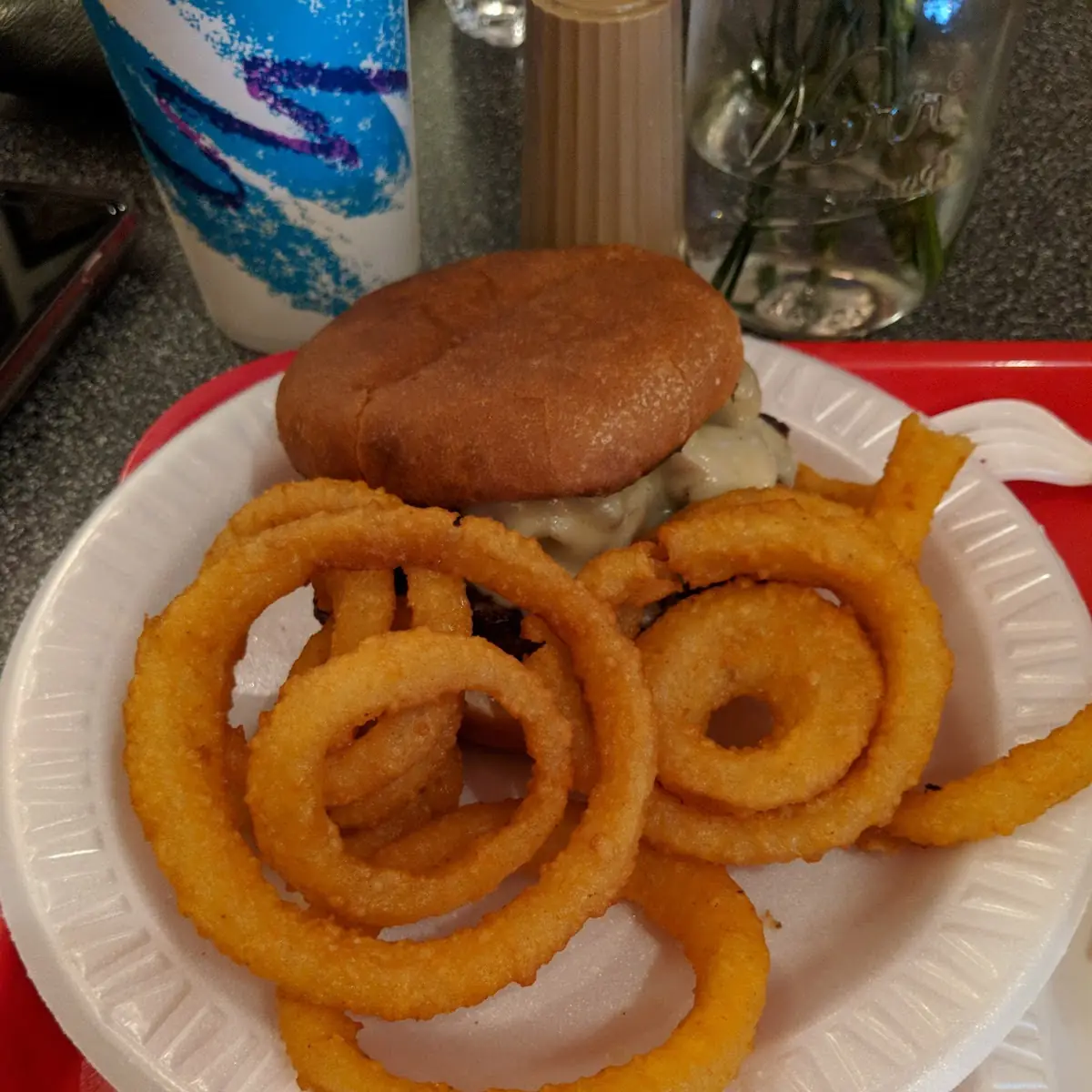 Swiss Burger and Onion Rings