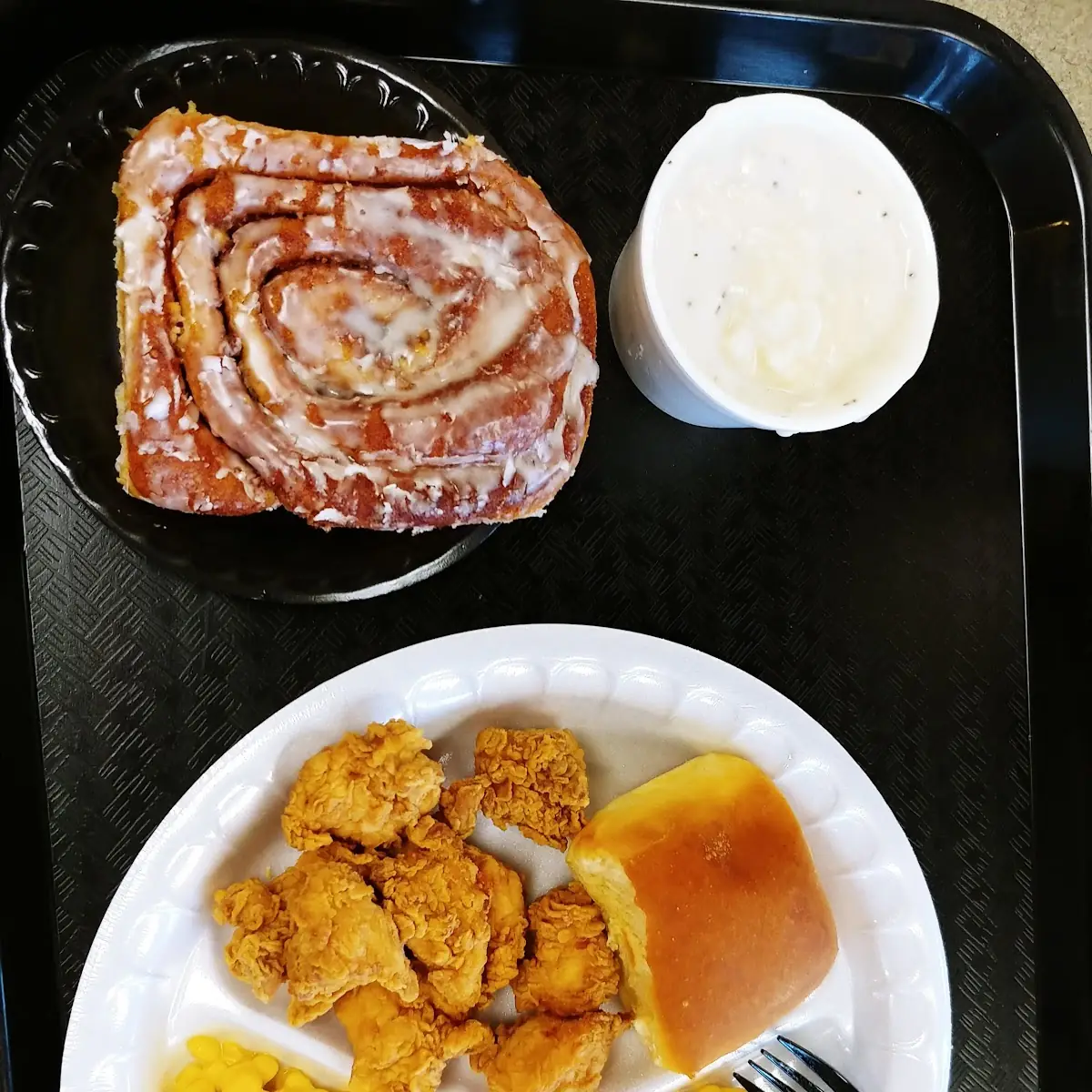 Chicken Nuggets Macaroni Corn Roll Cinnamon Roll