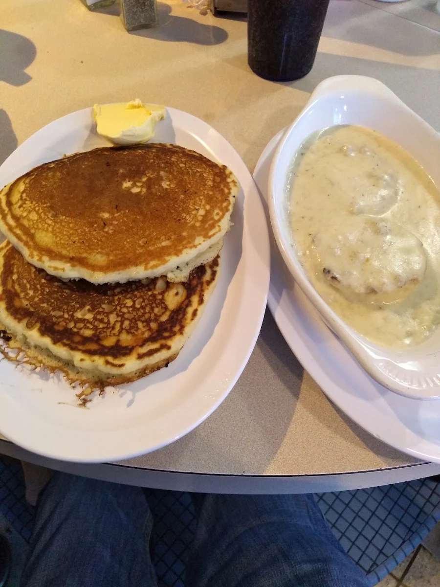 Biscuits and Gravy Small and a Short Stack Pancakes
