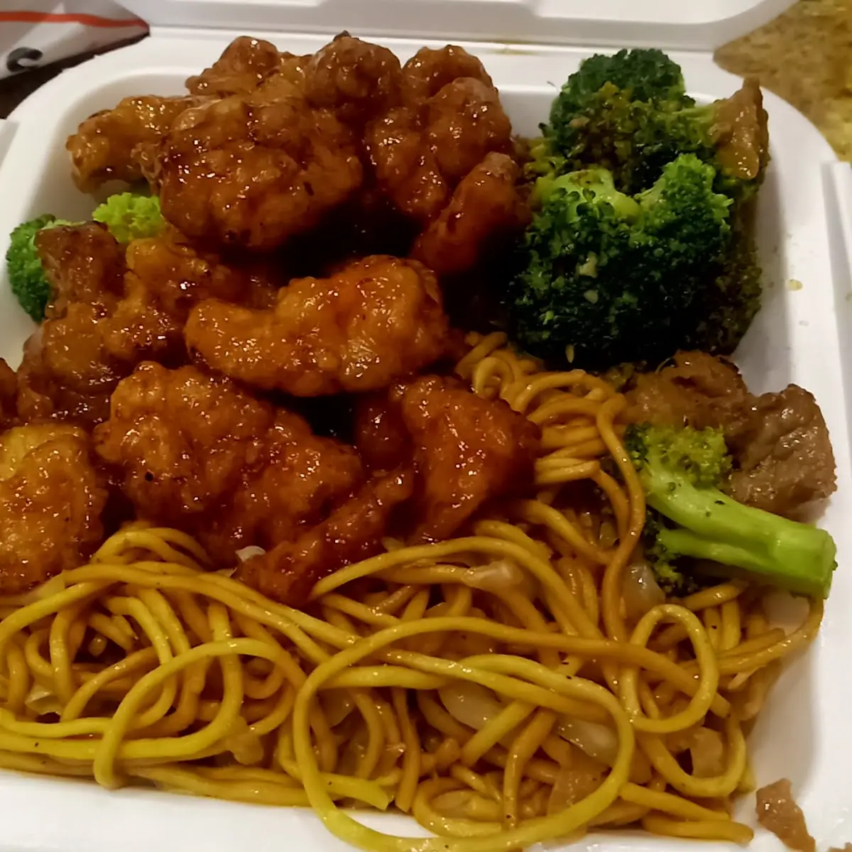 Orange Chicken Broccoli and Beef with Noodles