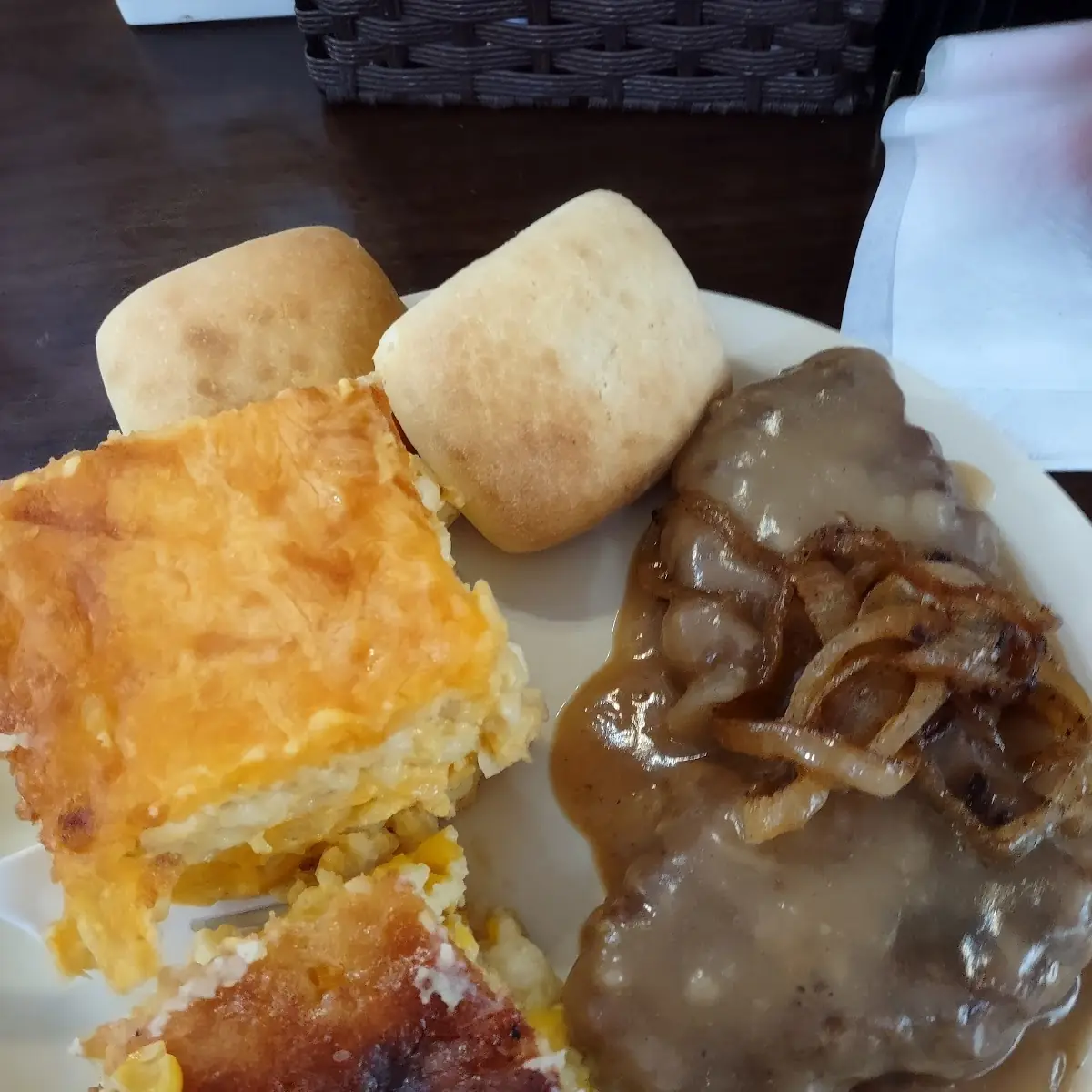 Hamburger Steak Mac N Cheese and Corn Pudding