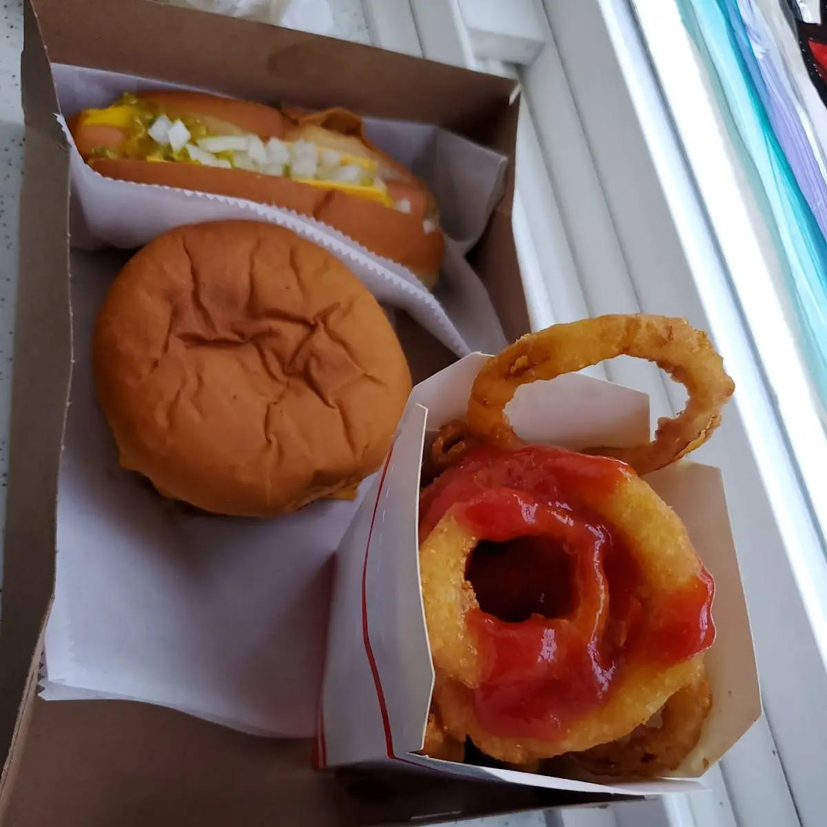 Big One w Cheese Dog & Onion Rings
