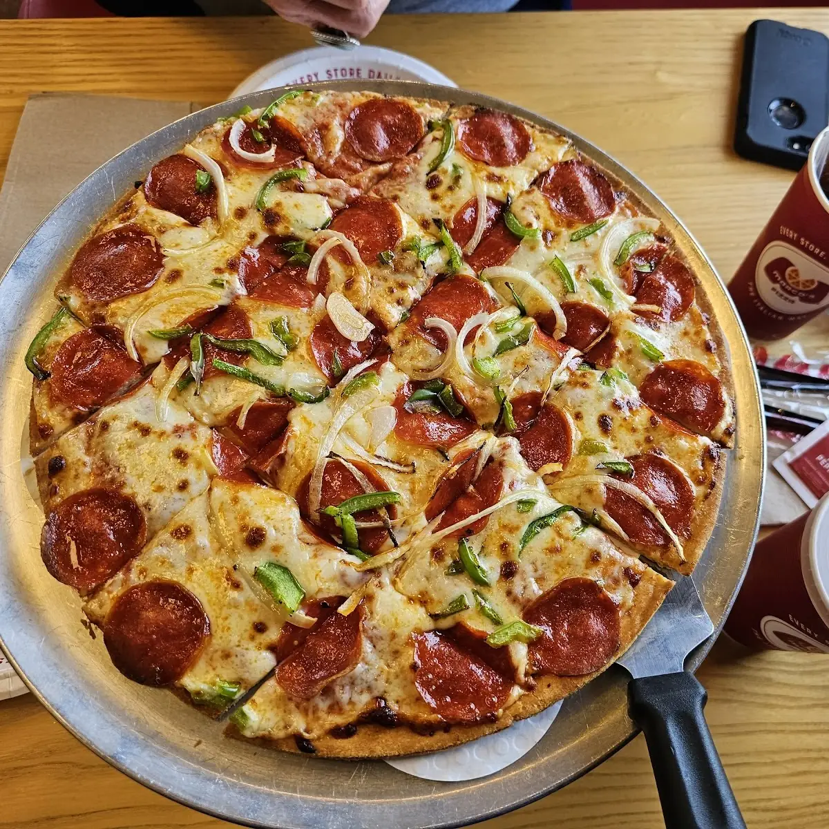 Medium Thin Crust Pizza with Pepperoni Onion and Green Bell Pepper