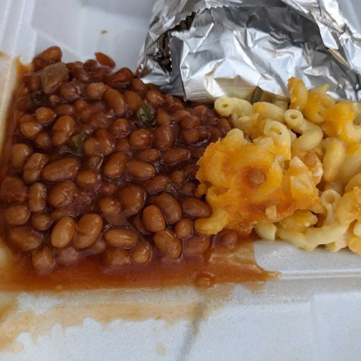 Pulled Pork with Mac N Cheese and Baked Beans