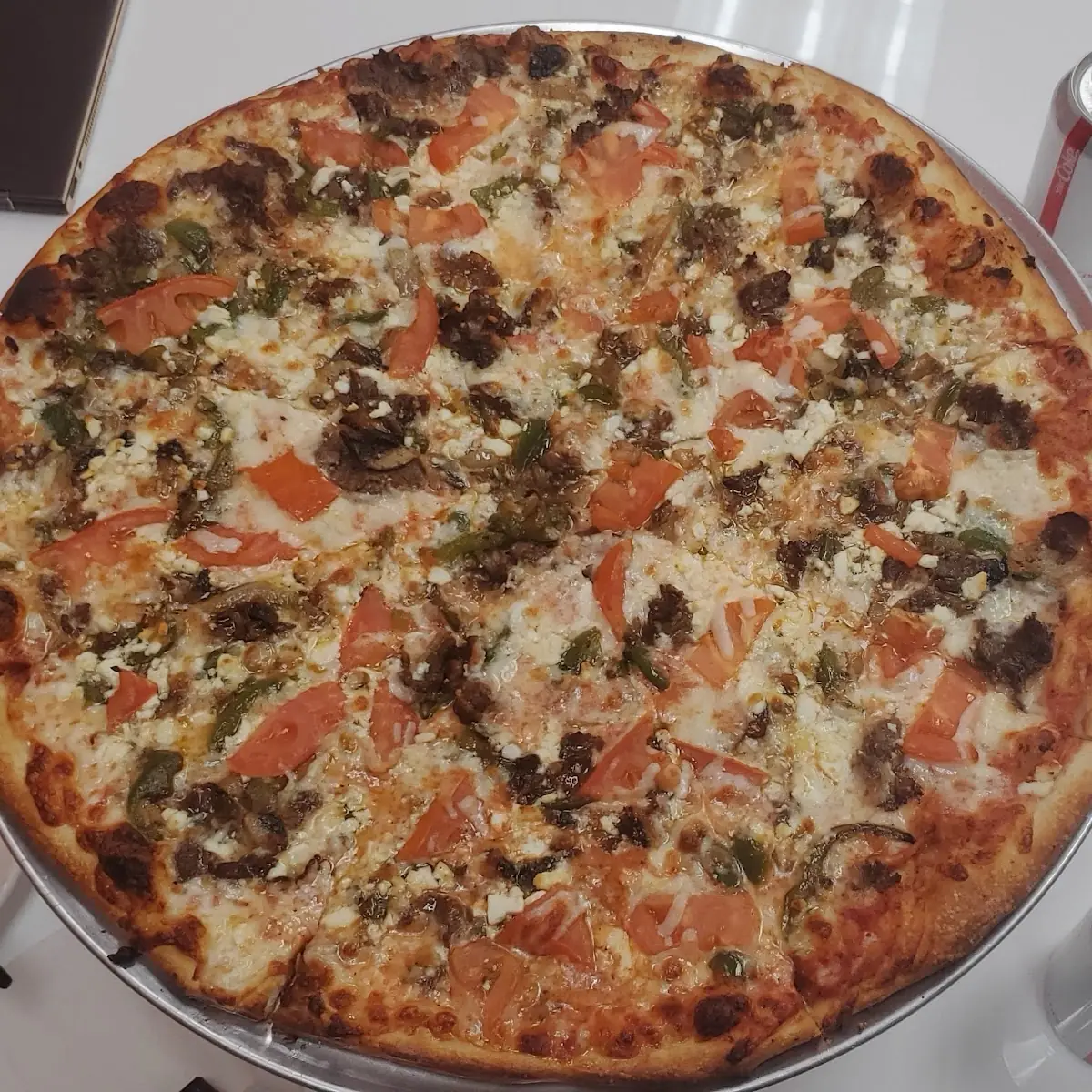 Philly Cheese Steak Pizza with Tomato & Feta Cheese