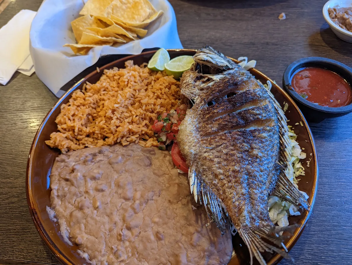 Pescado Spanish Rice and Refried Beans