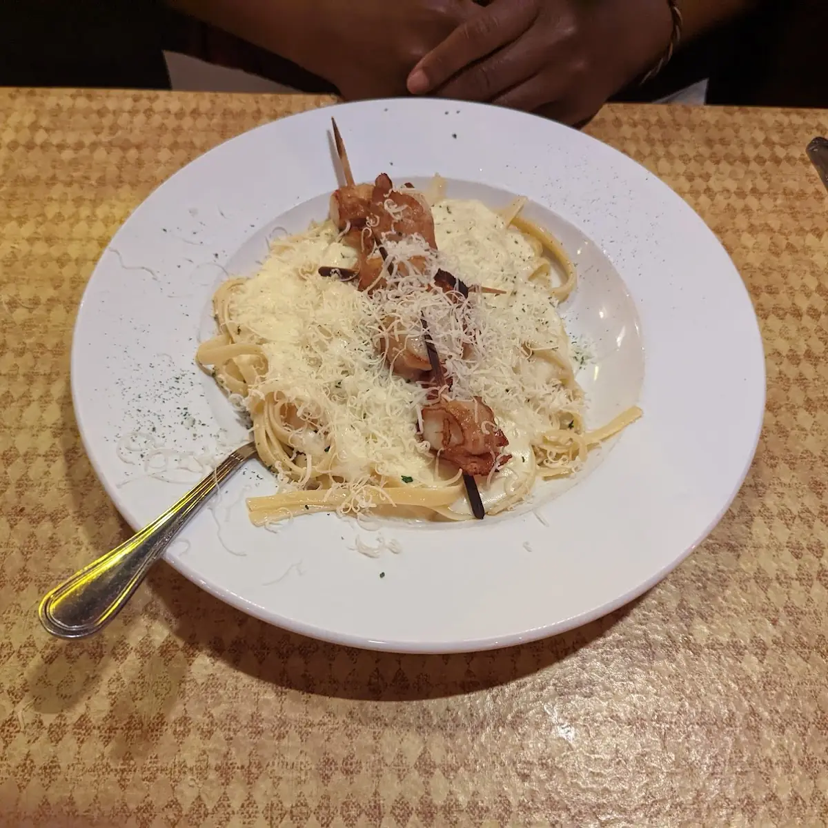 Fettuccine Alfredo with Bacon Wrapped Shrimp
