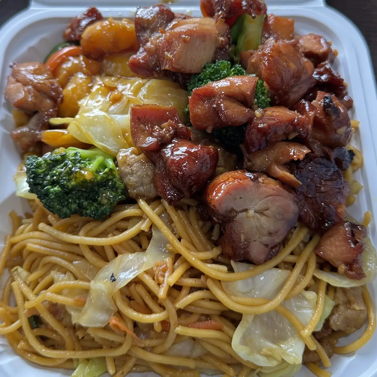 Lo Mein Noodles and Bourbon Chicken
