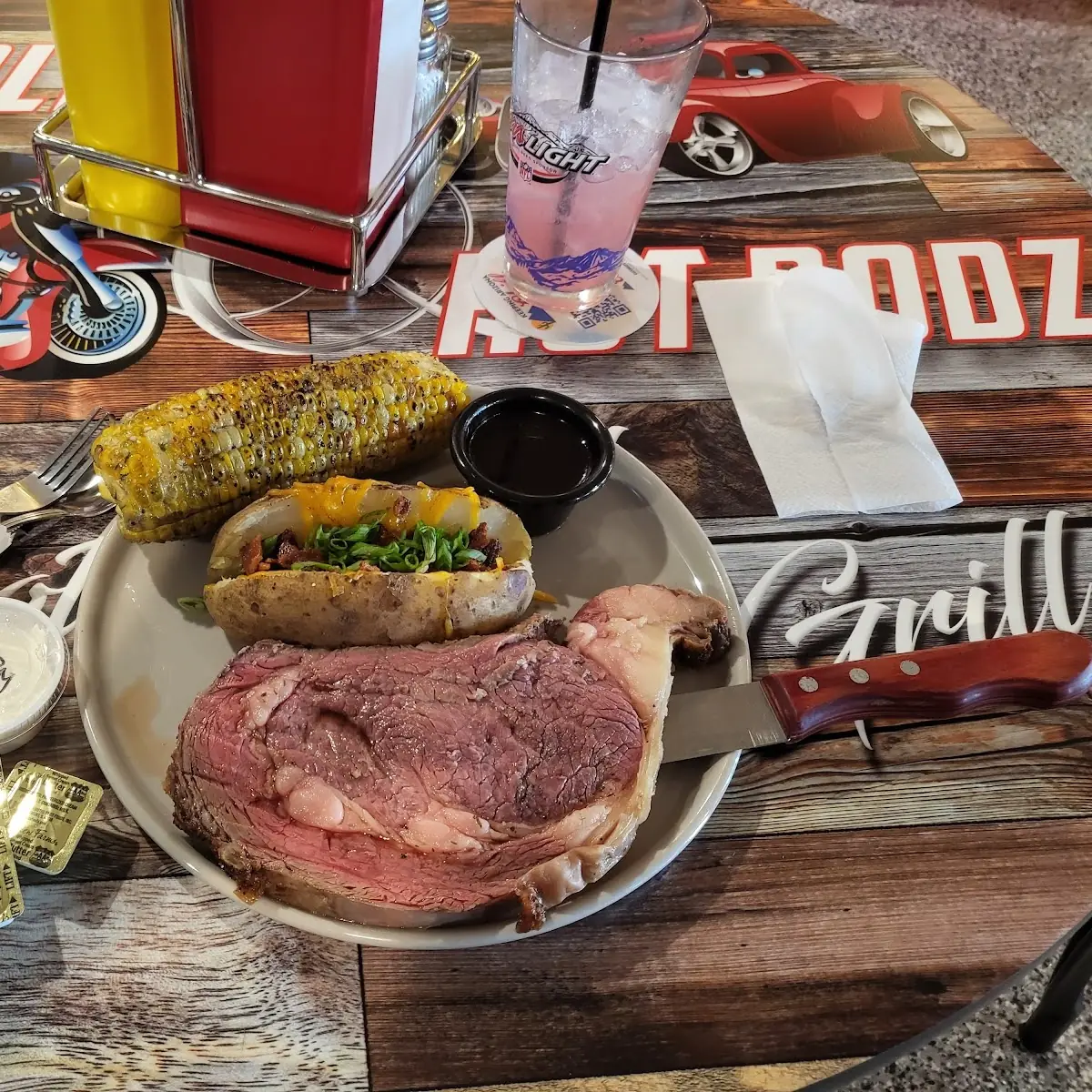 Prime Rib with a Baked Potato and Roasted Corn