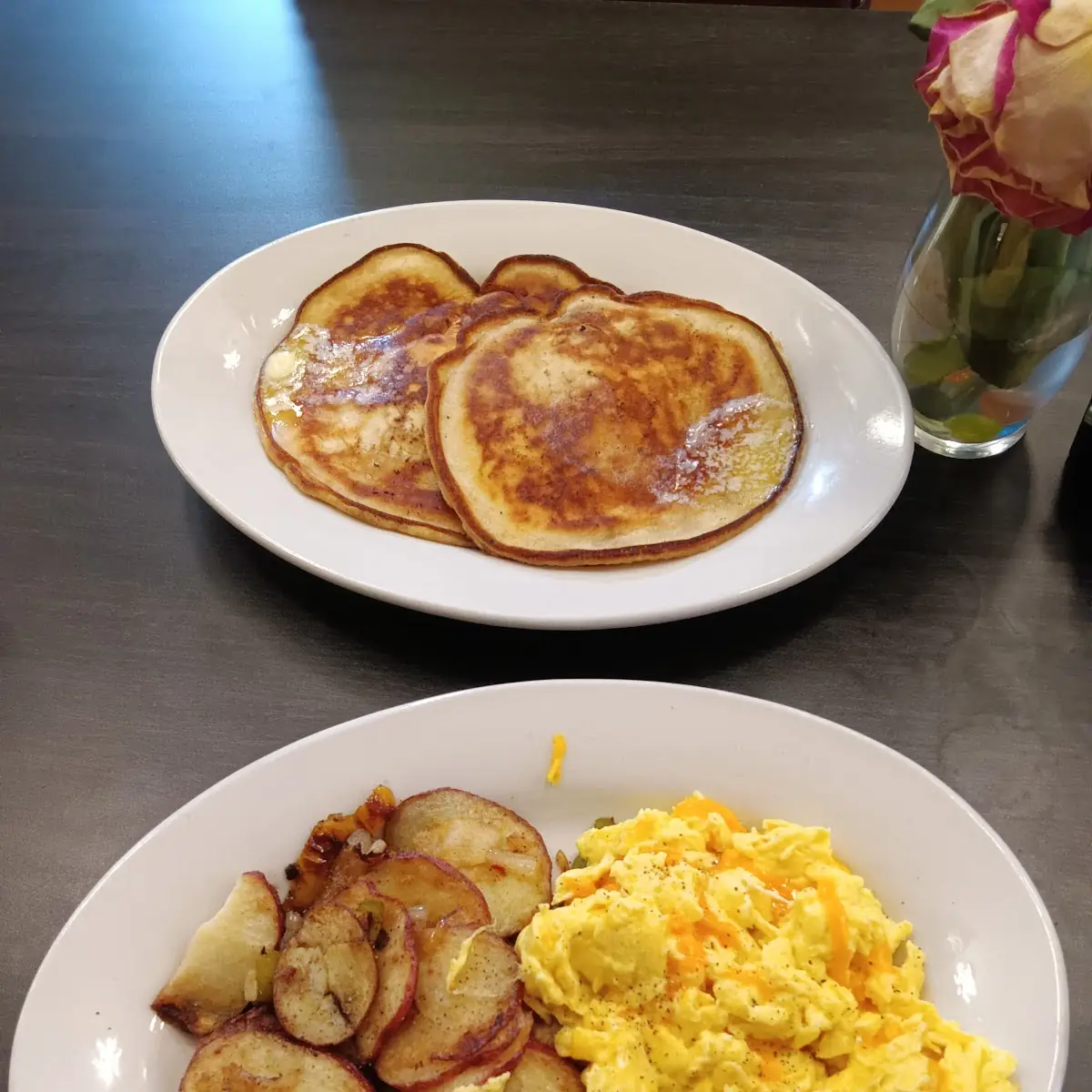 Smothered Potatoes Scrambled Eggs & Pancakes