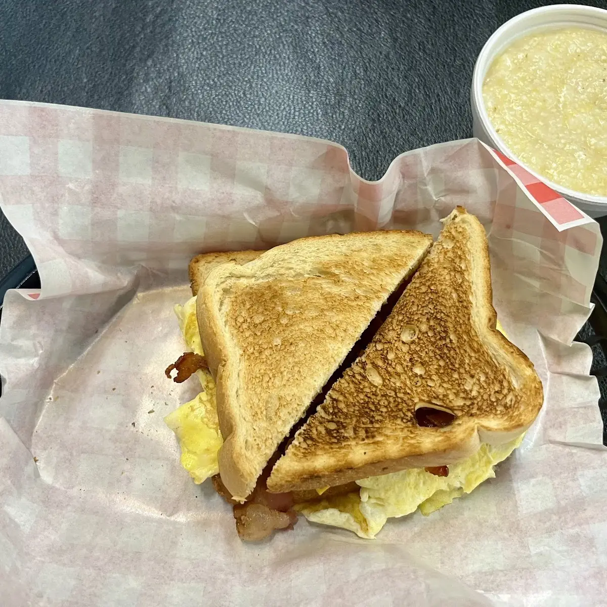 Grits and Bacon Egg and Cheese Sandwich