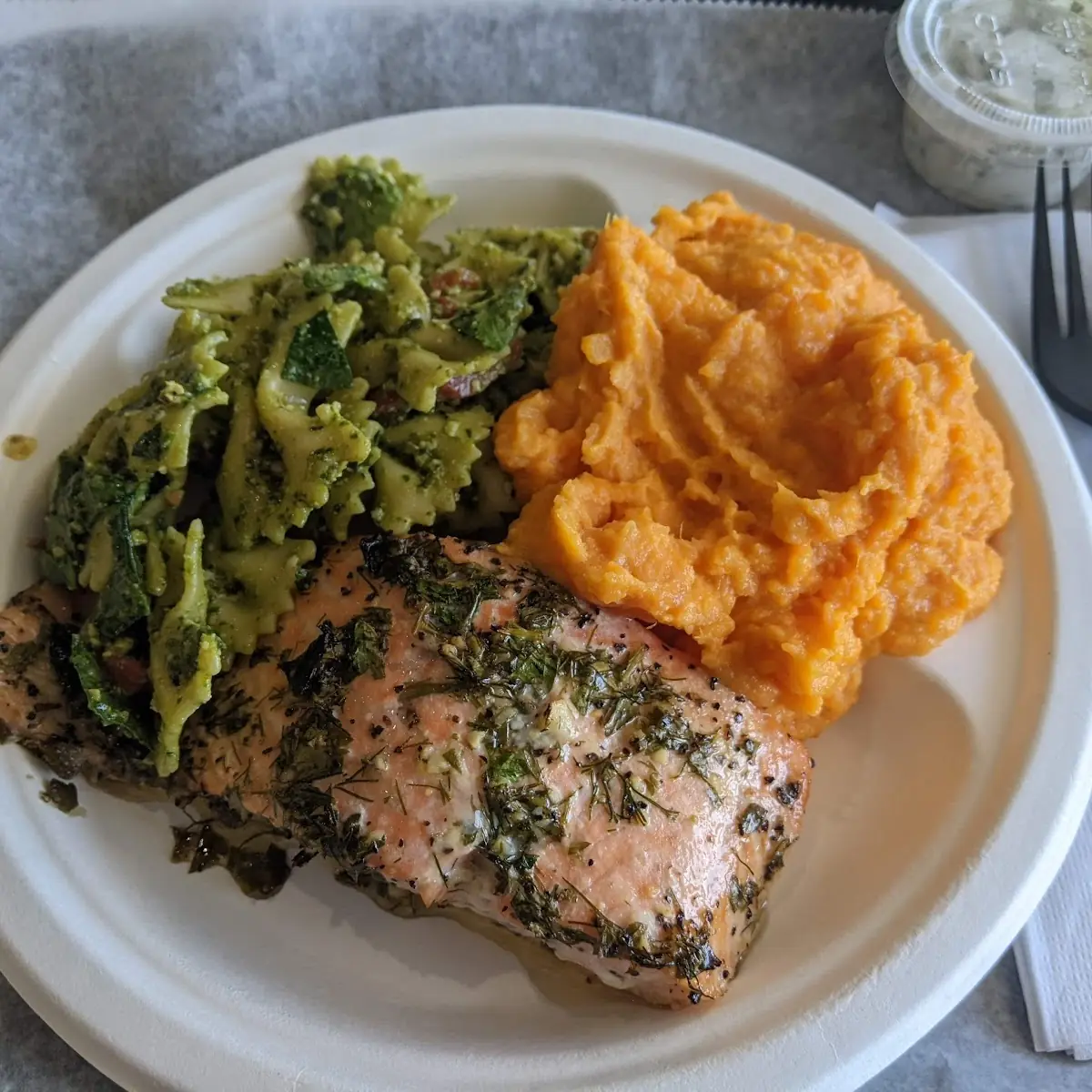 Salmon with Sweet Potatoes and Pasta Salad