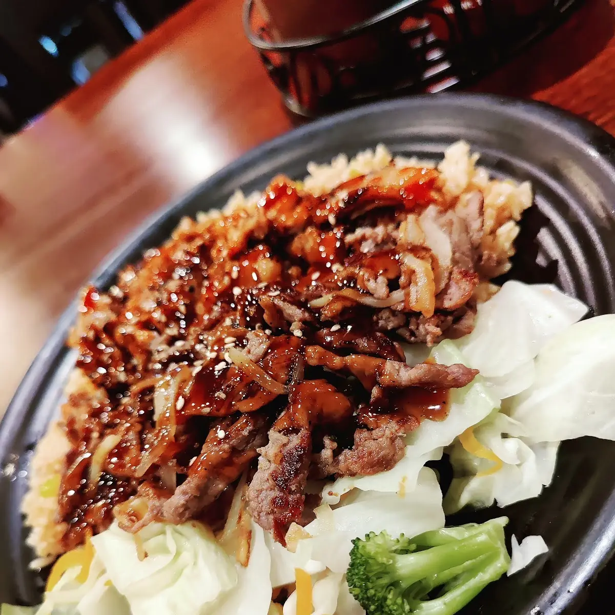 Combo Plate Spicy Pork and Beef Stir Fried Vegetables Fried Rice