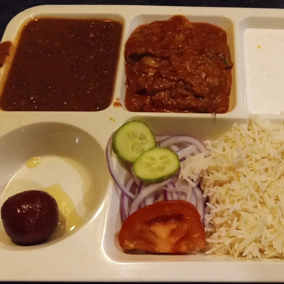 Chicken Curry Thali with Dal Rice and Yogurt, Tandoori Chaska