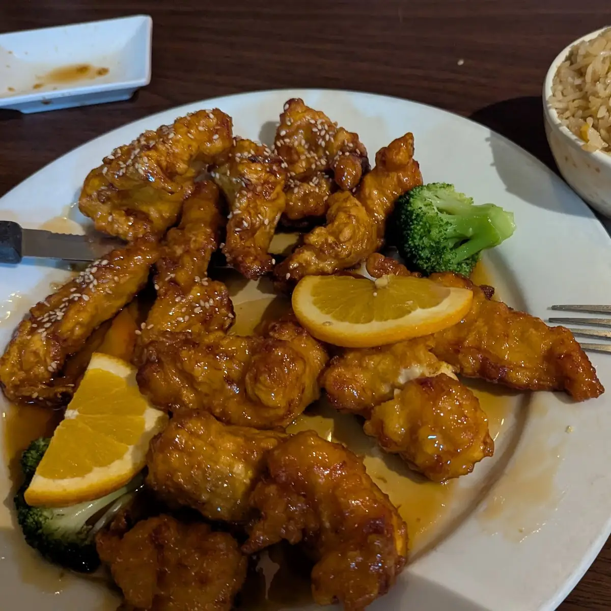 Half Orange Chicken and Half Sesame Chicken