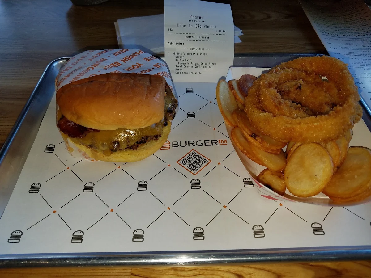 Bacon Cheeseburger with Onion Rings and Fries