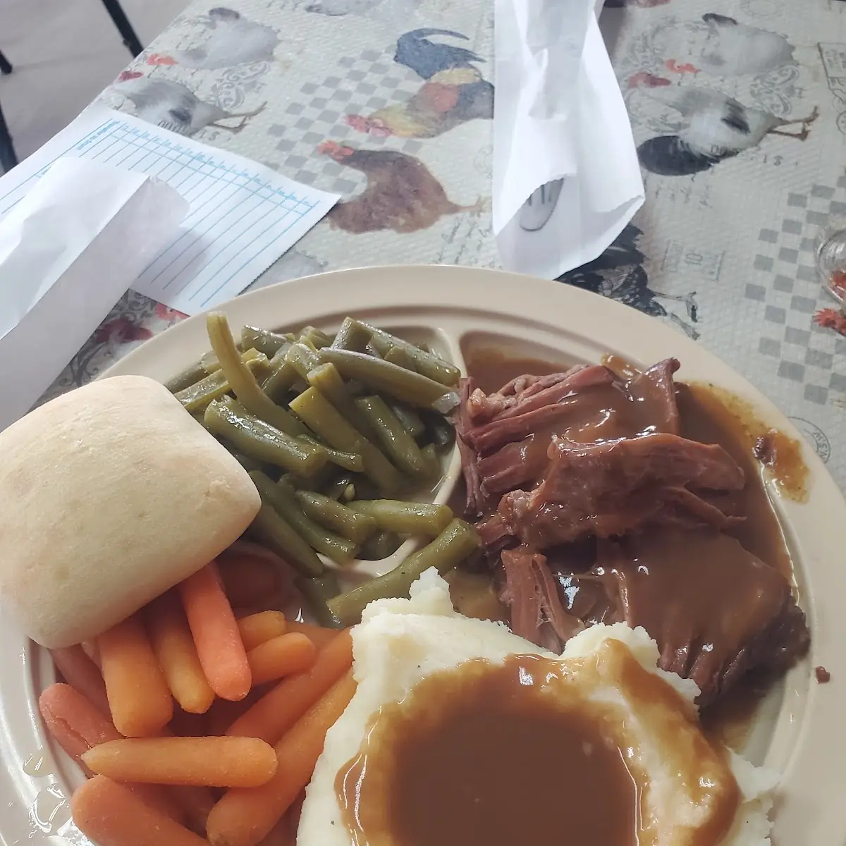 Roast Beef Glazed Carrots Mashed Potatoes with Gravy