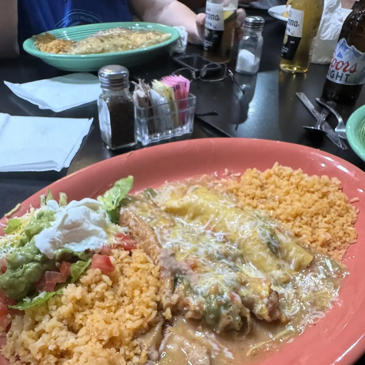 Combination Enchiladas Tamale and Chicken Taco on White