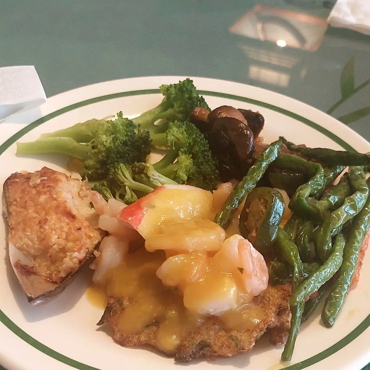 Crab Mix on Half Shell String Beans Sautéed Egg Fu Young with Seafood Delight Broccoli
