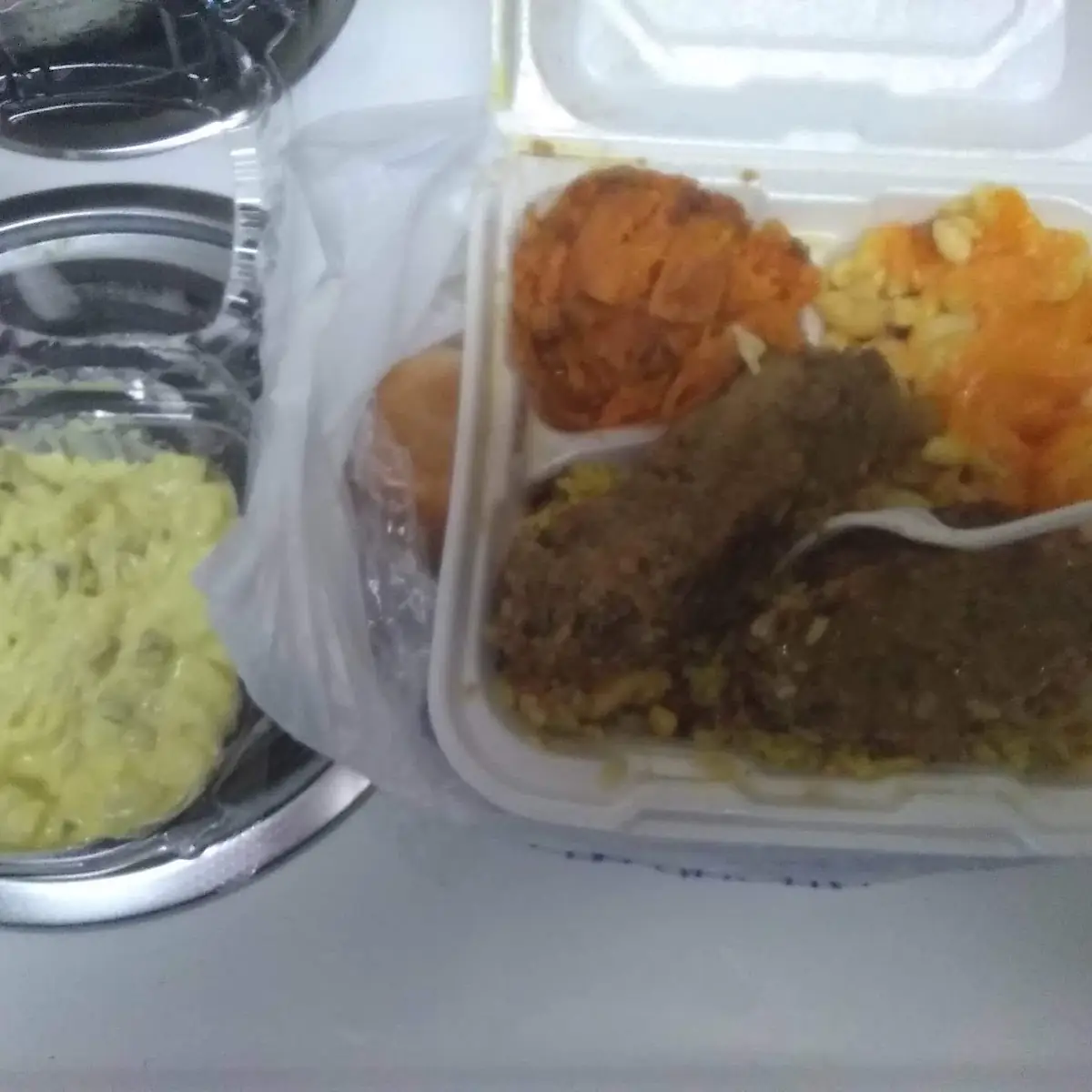 Meatloaf with Mac N Cheese Yams & Potato Salad