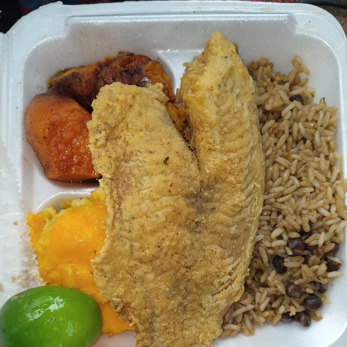 Talapia Peas Rice and Candied Yams