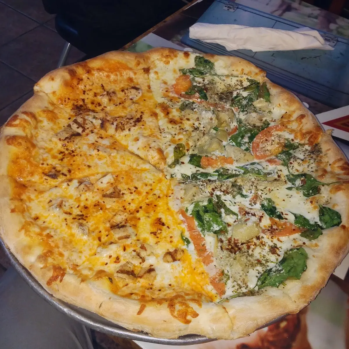 Half Buffalo Chicken Pizza Half Spinach Dip Pizza
