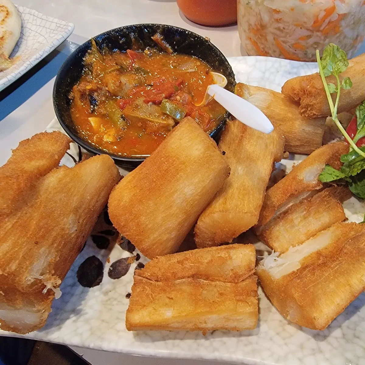 Fried & Boiled Cassava Root with Fried Pork