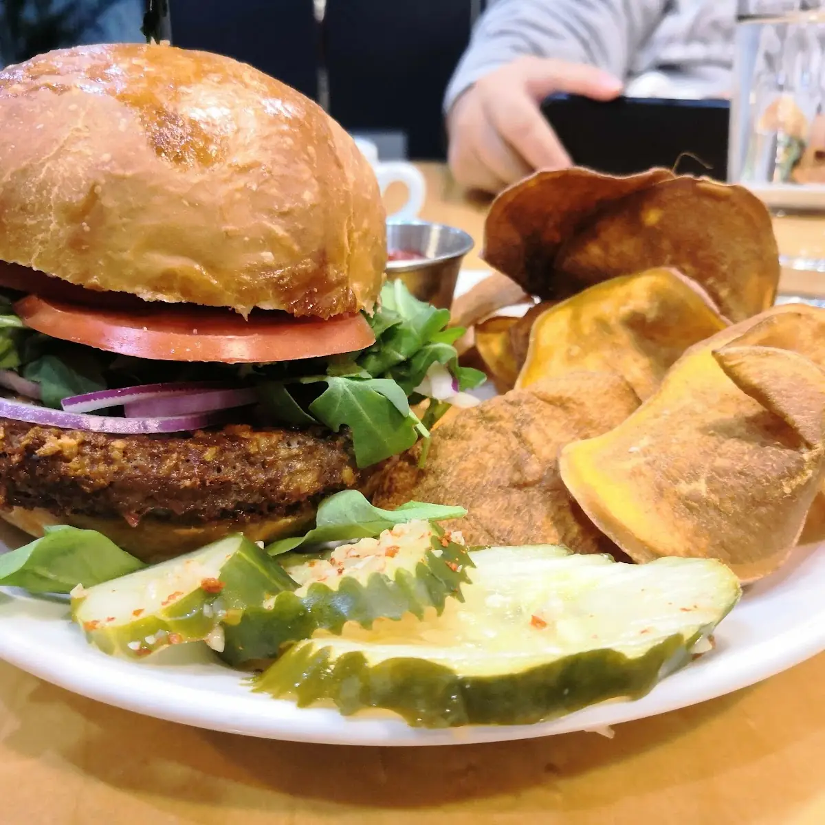 Impossible Burger and Sweet Potato Chips