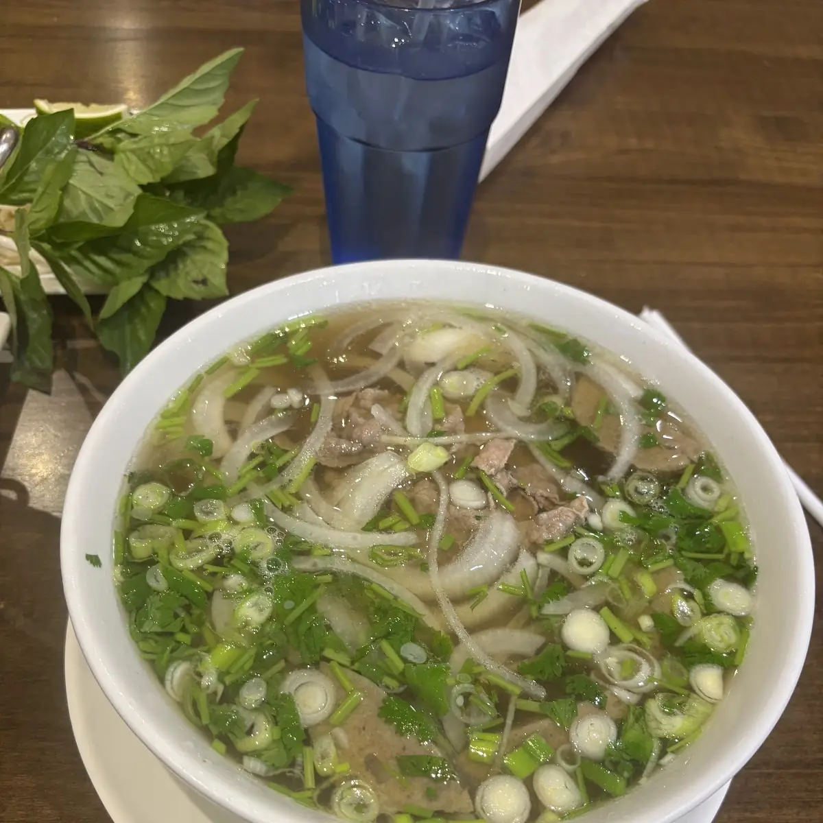 Beef Noodle Soup with Basil Garnish