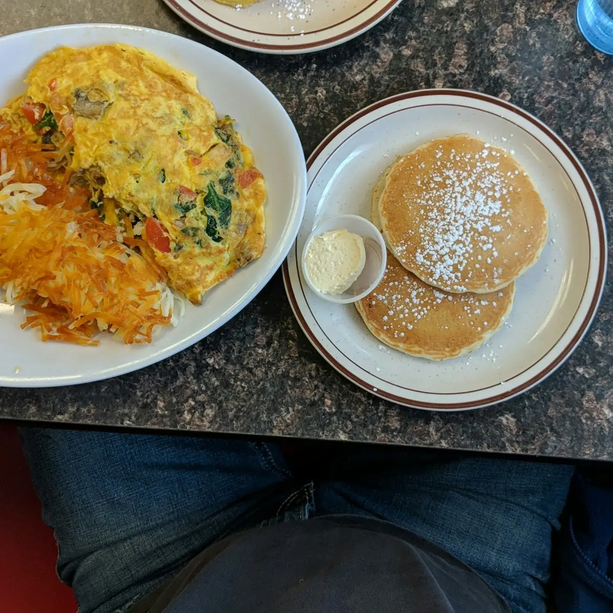 Omelette Hash Browns & Pancakes