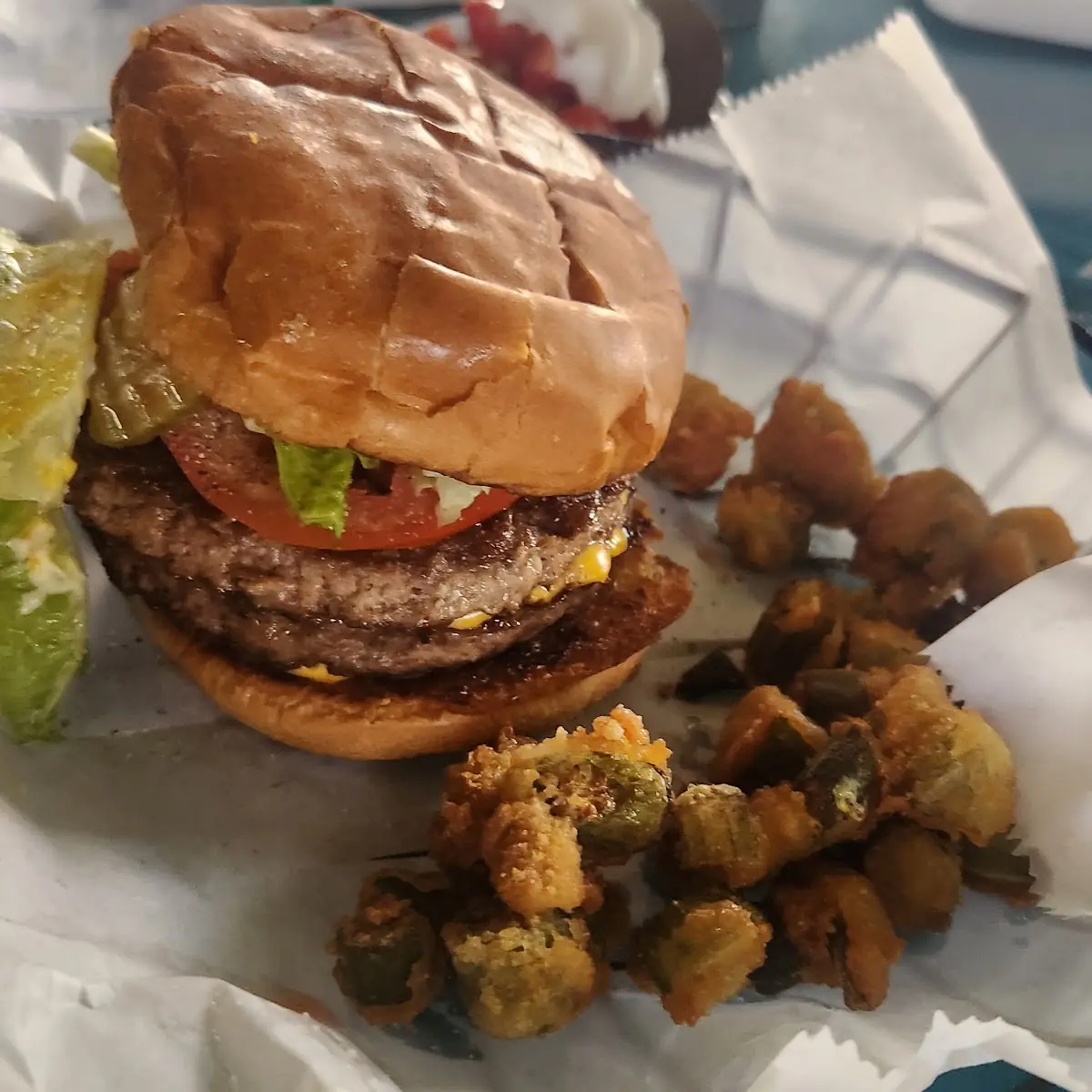 Double Cheeseburger with Fried Okra