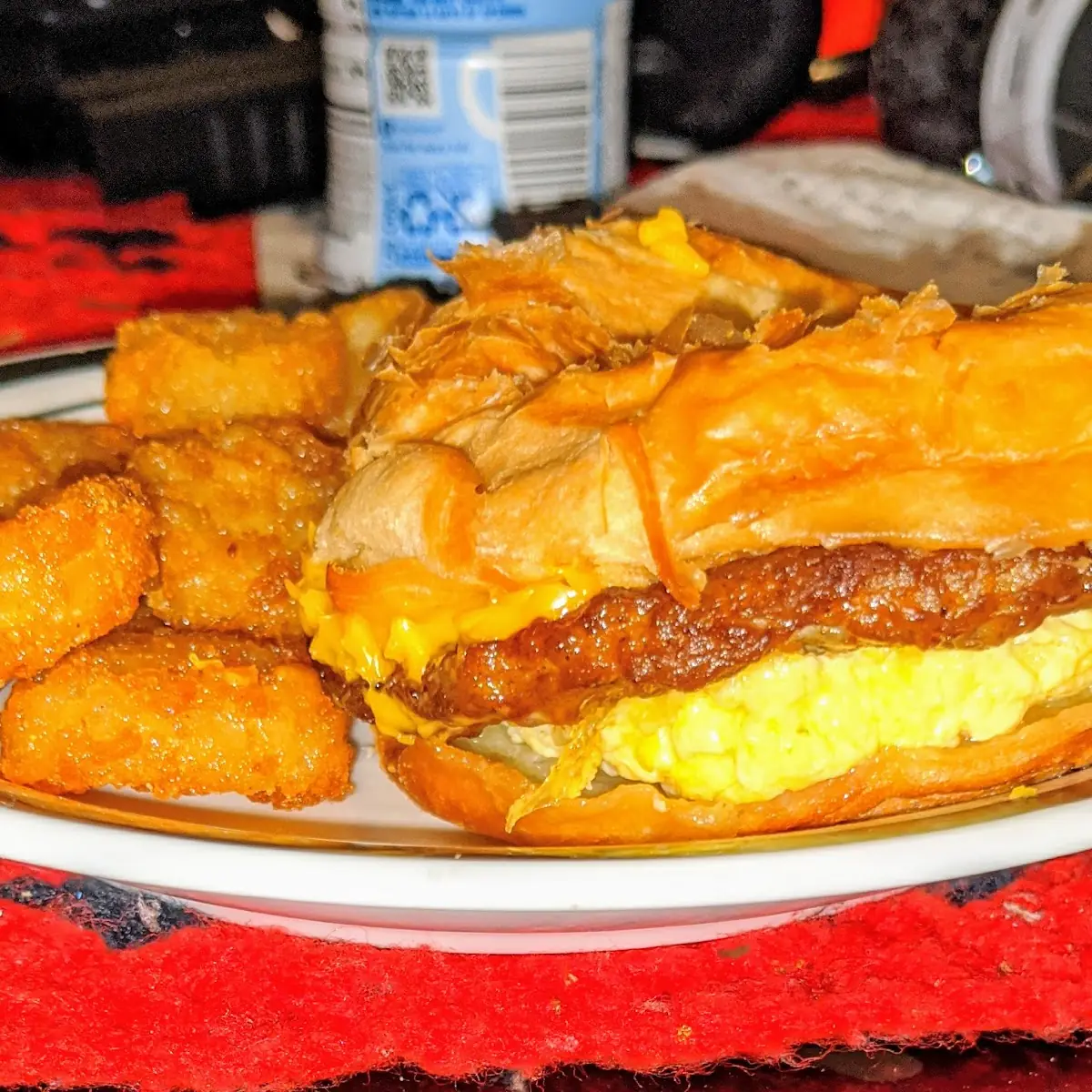 Sausage Egg and Cheese Croissant and Hash Browns