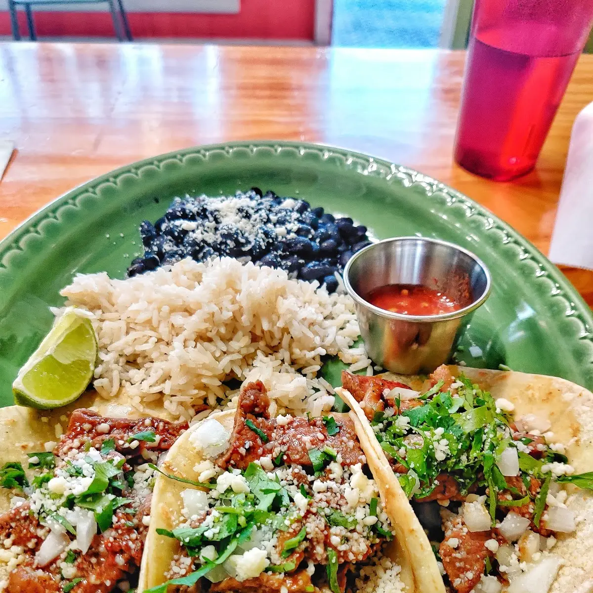 Rib Eye Tacos with Rice and Beans