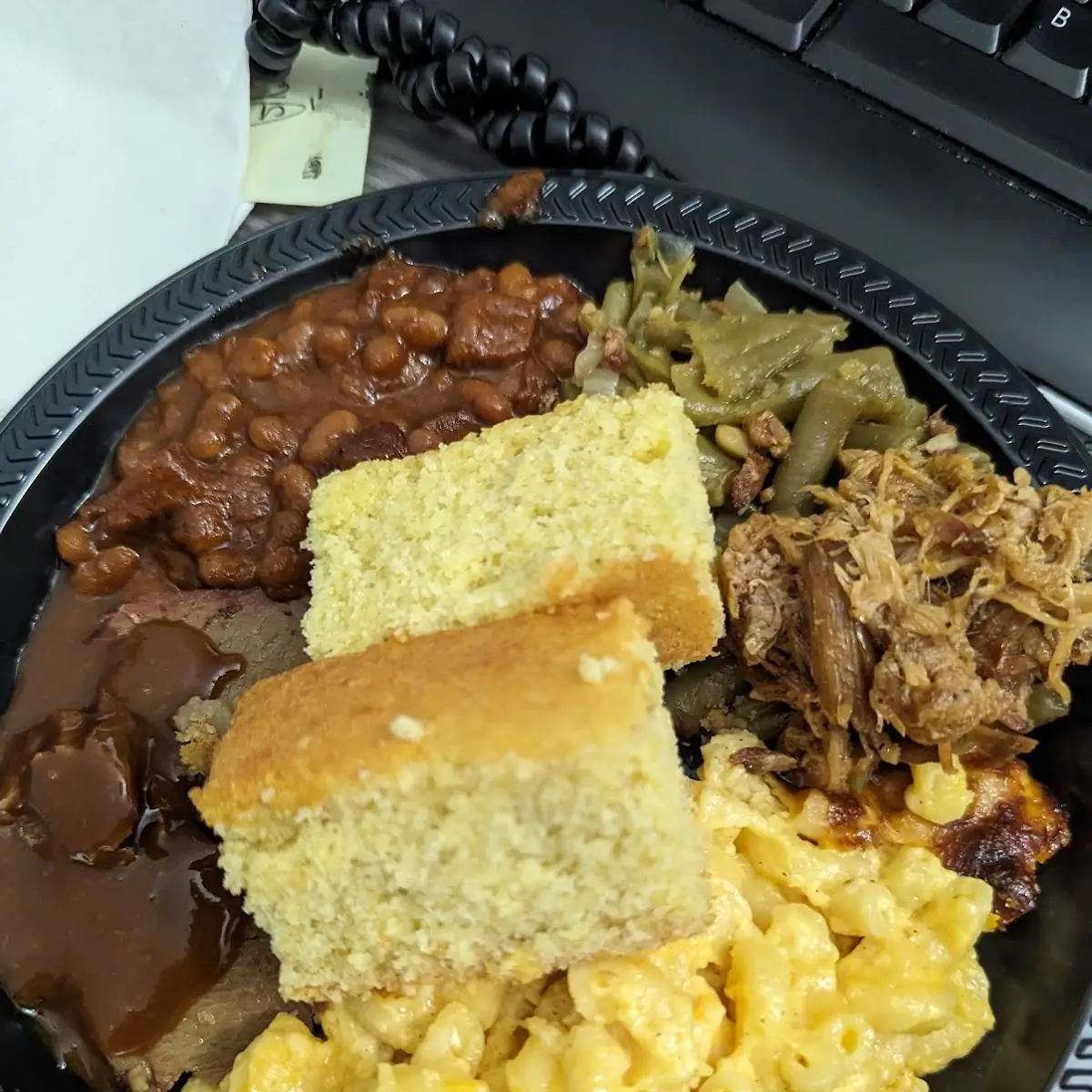 Pulled Pork Baked Beans Mac and Cheese Brisket Green Beans and Corn Bread