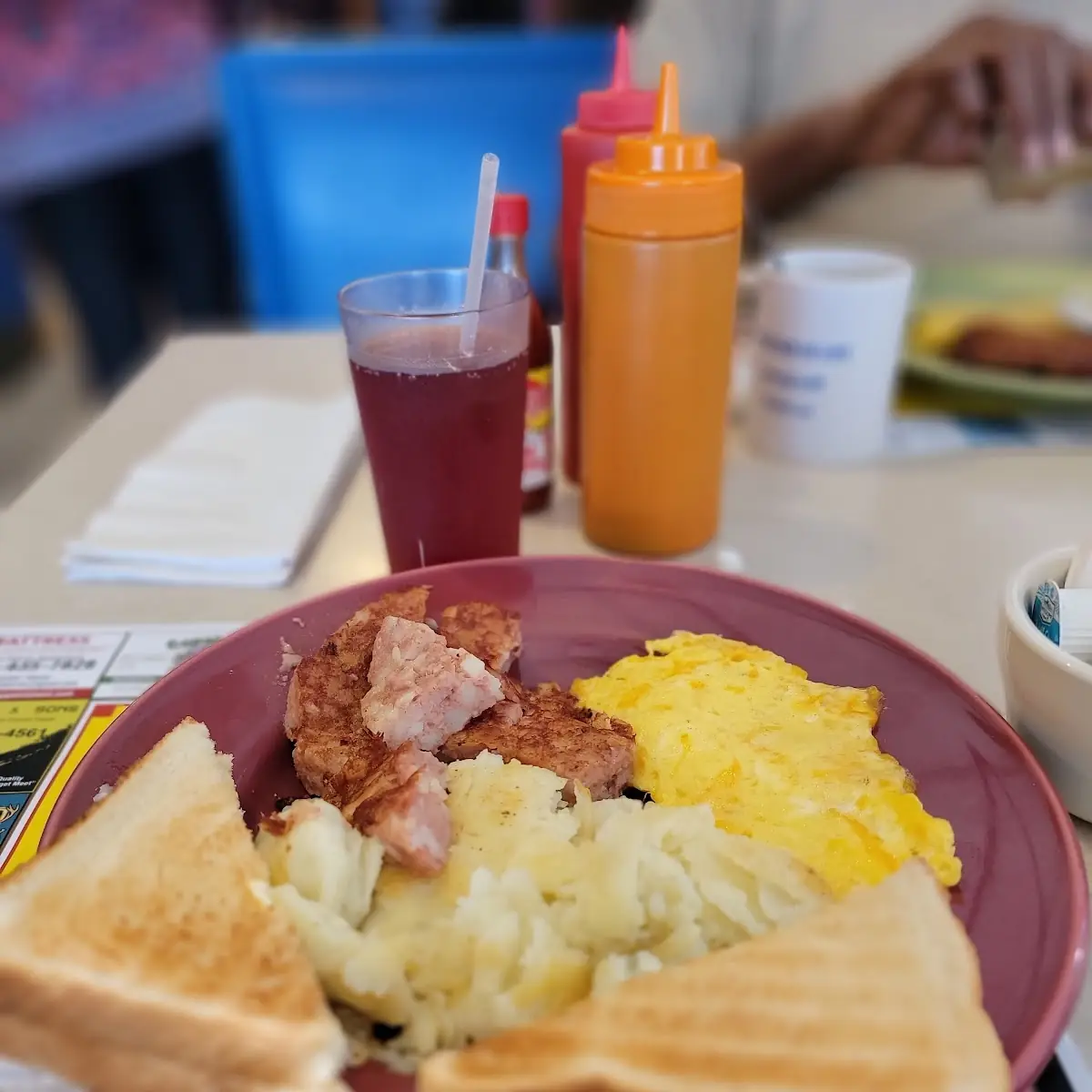 Corn Beef Hash Breakfast Special w Scrambled Eggs & Cheese Potatoes and Buttered Toast