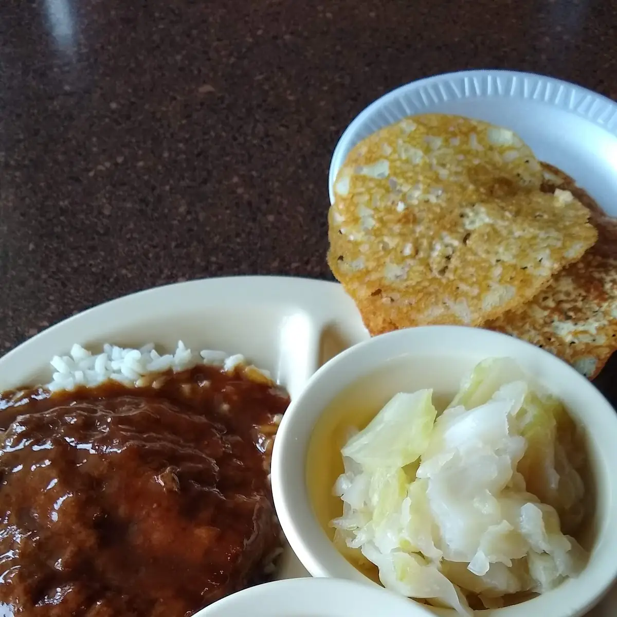 Hamburger Steak Gravy Rice Cabbage and Peas