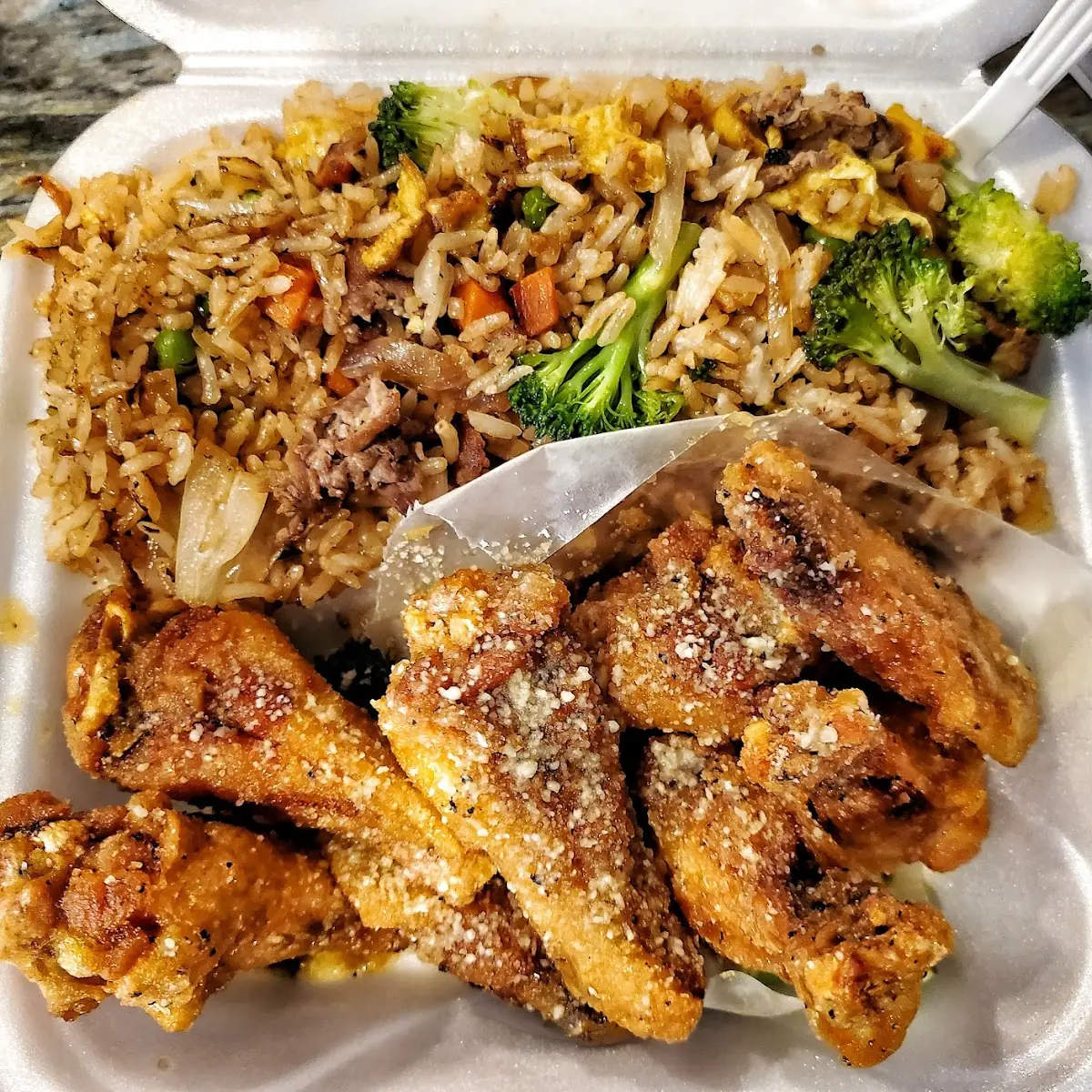 Garlic Parmesan Wings with Beef Fried Rice