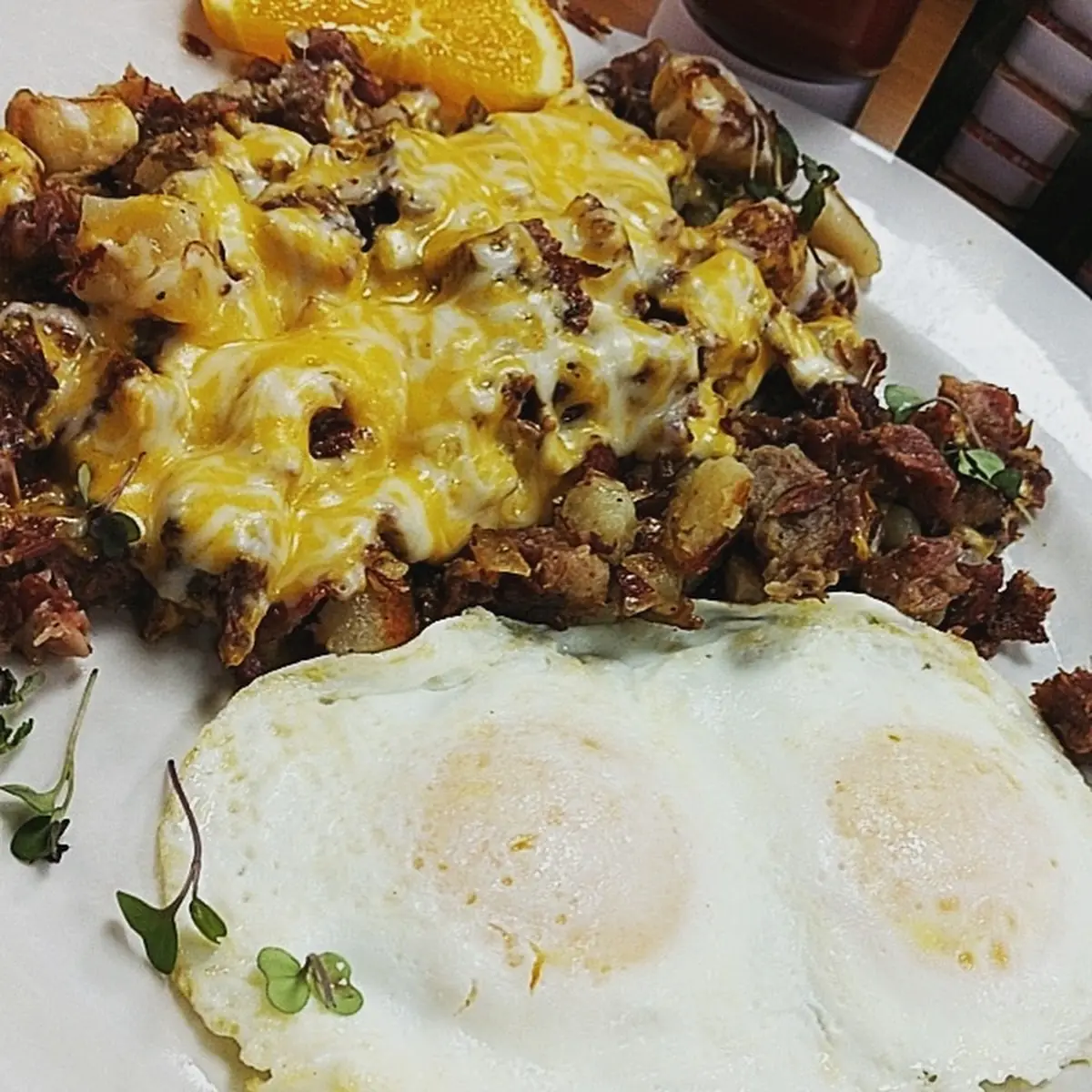 Corned Beef Hash with Eggs over Medium