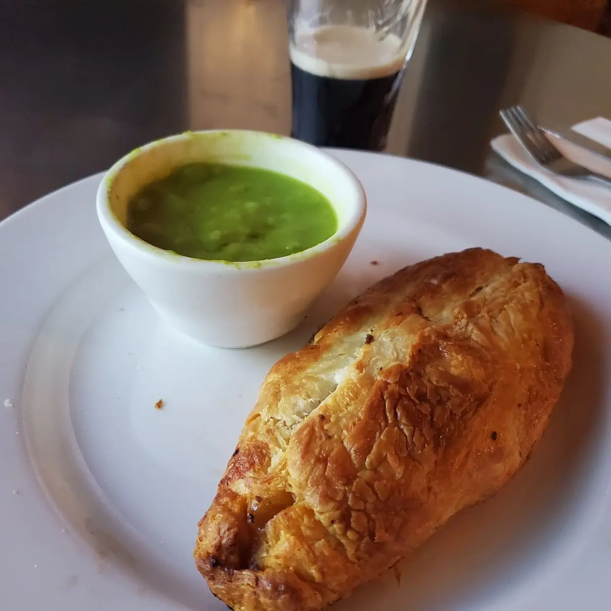 Cornish Pasty with Mushy Peas