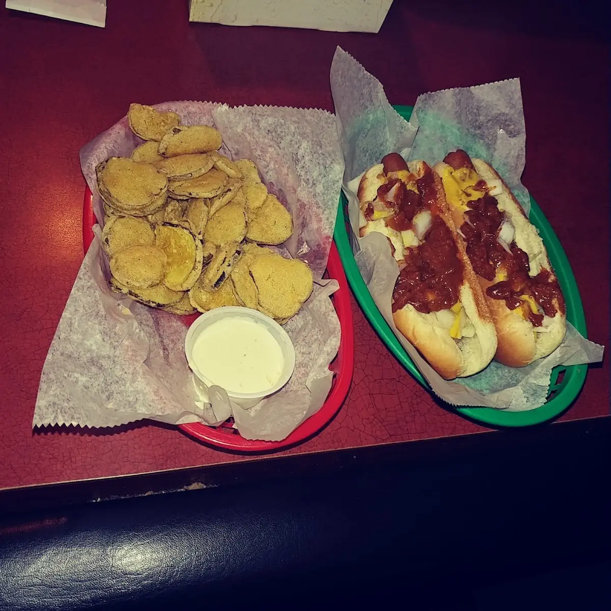 Fried Pickle Chips and Chili Dog