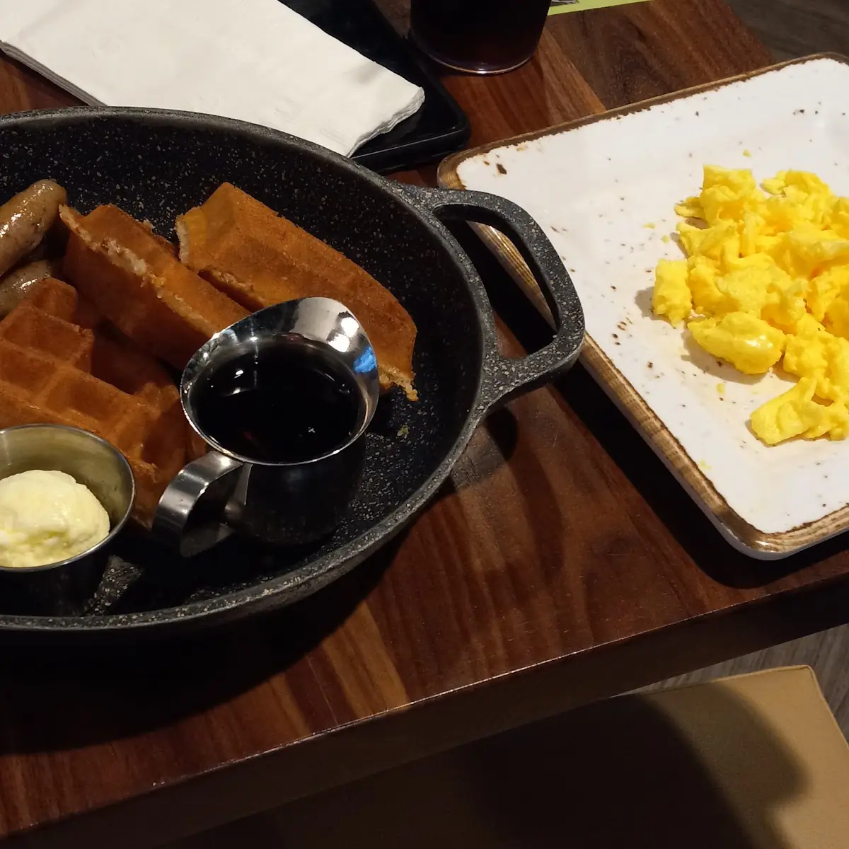 Waffles with Sausage Links and Scrambled Eggs