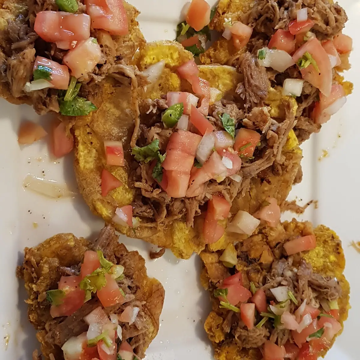 Tostones with Pull Pork and Pico De Gallo